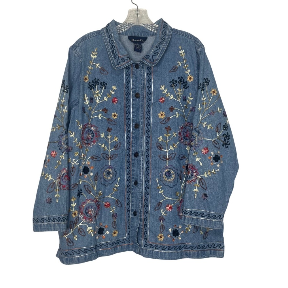 Denim & Co Embroidered Jacket Shirt Chambray 1X Blue Jean Boho Floral Vintage